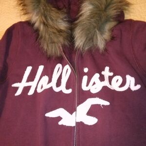 Hollister Womens Maroon Zip-Up Hooded Jacket with Faux Fur Trim